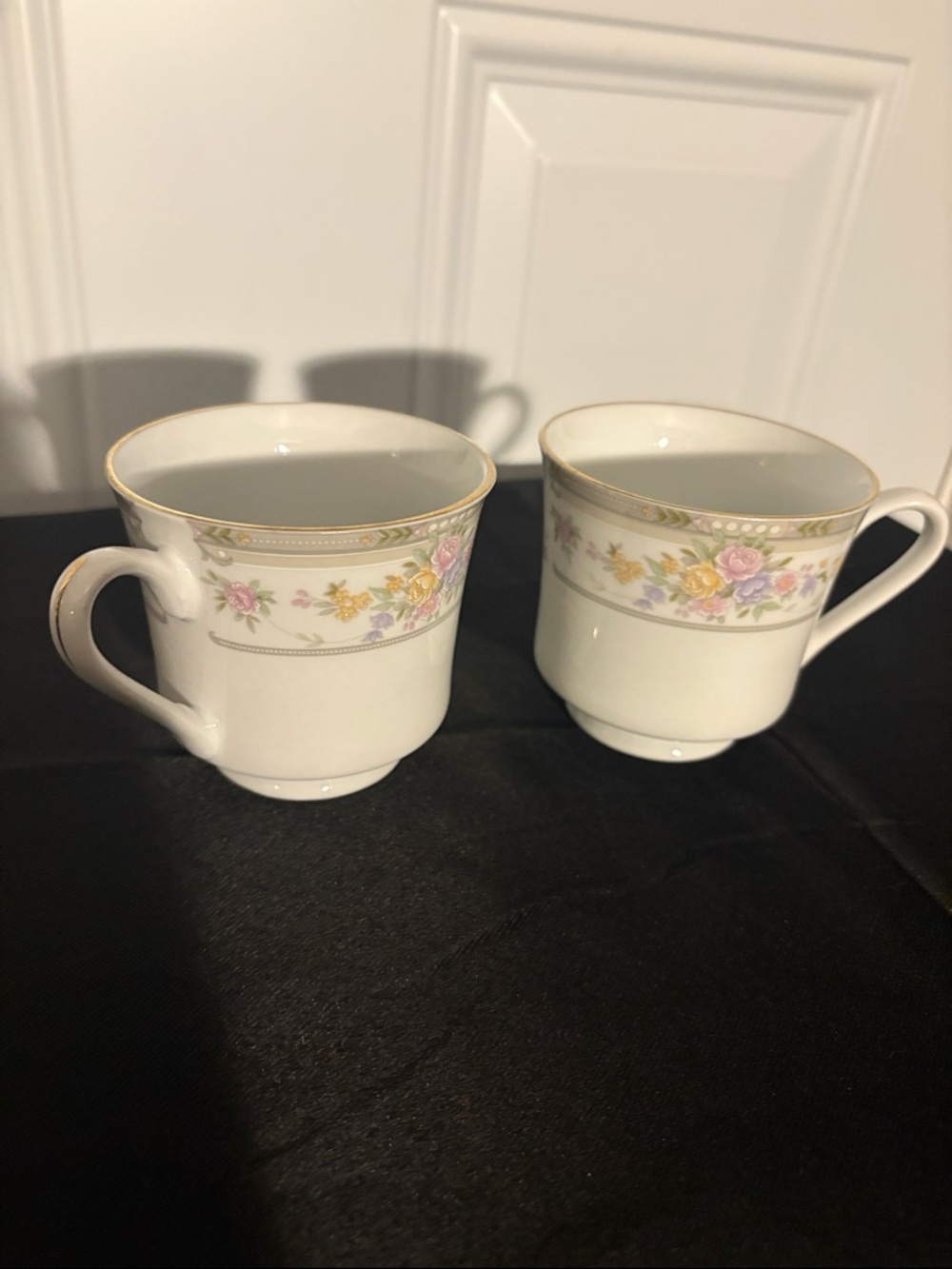 Vintage White Porcelain Mugs with Pink and Yellow Floral Band and Gold Trim